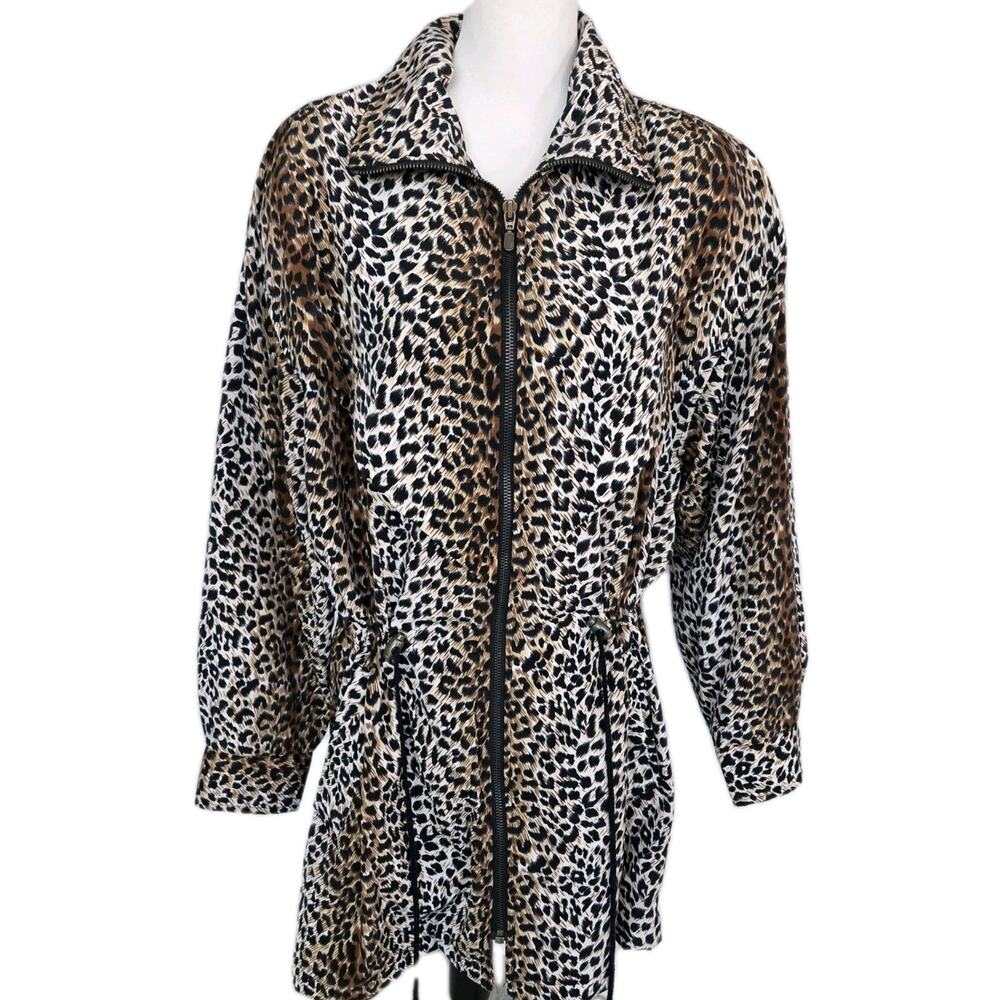 Vtg 90s Jungle Accent Leopard Drawstring Shoulder Pads Long Jacket Coat Sz L